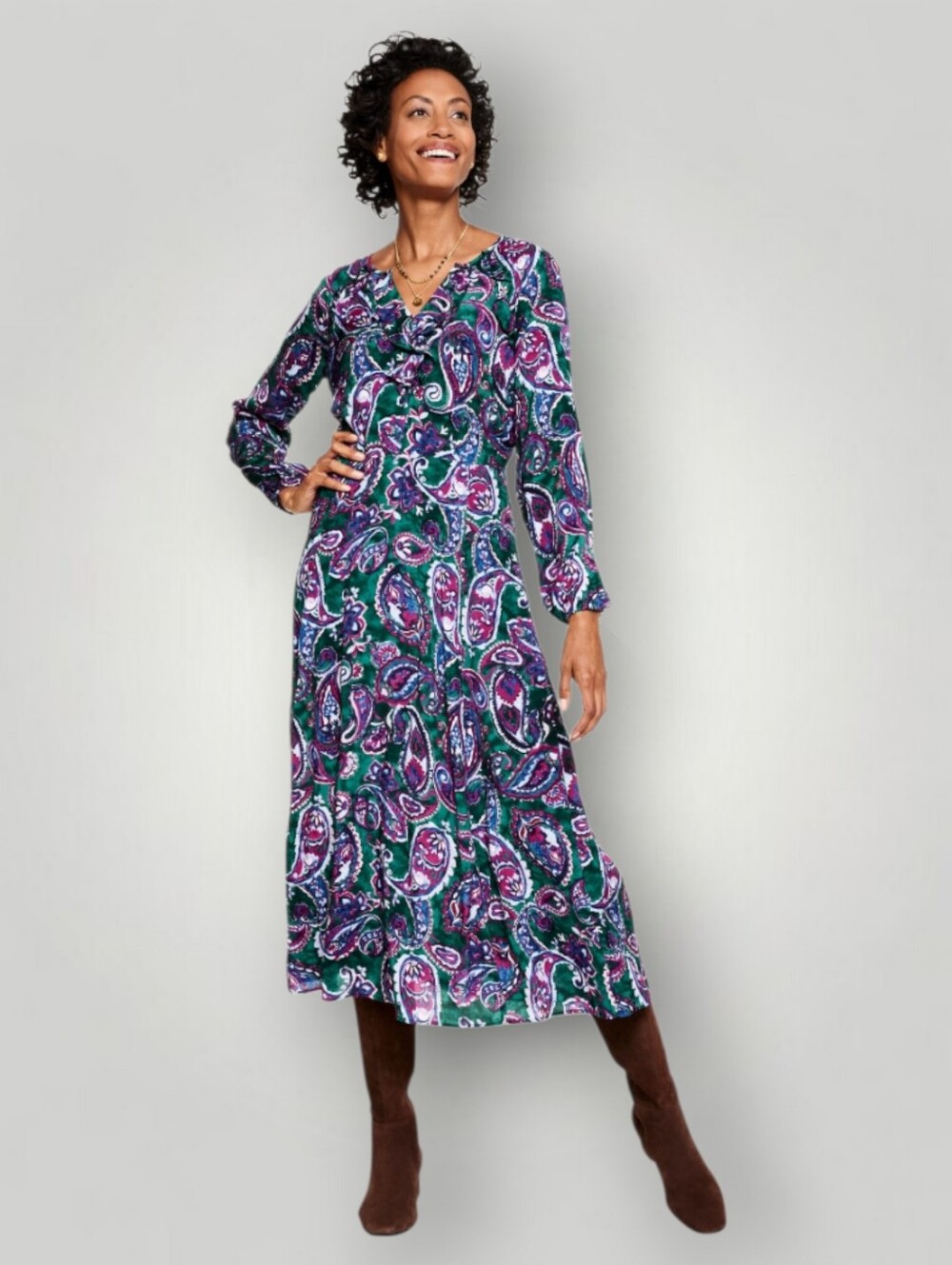 Talbots Piccadilly Paisley Fit & Flare Ruffle Maxi Dress Green Sz 14 New